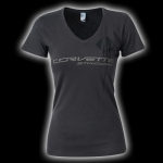 Click Here For Full Product Info E15815 SHIRT-LADIES-JUNIORS-C7 CORVETTE STINGRAY V-NECK-100% COTTON-CHARCOAL